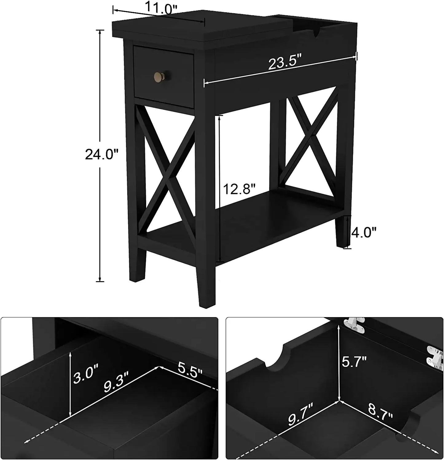 Flip Top Open End Table, Narrow Side Table Slim End Table for Living Room Bedroom, Black