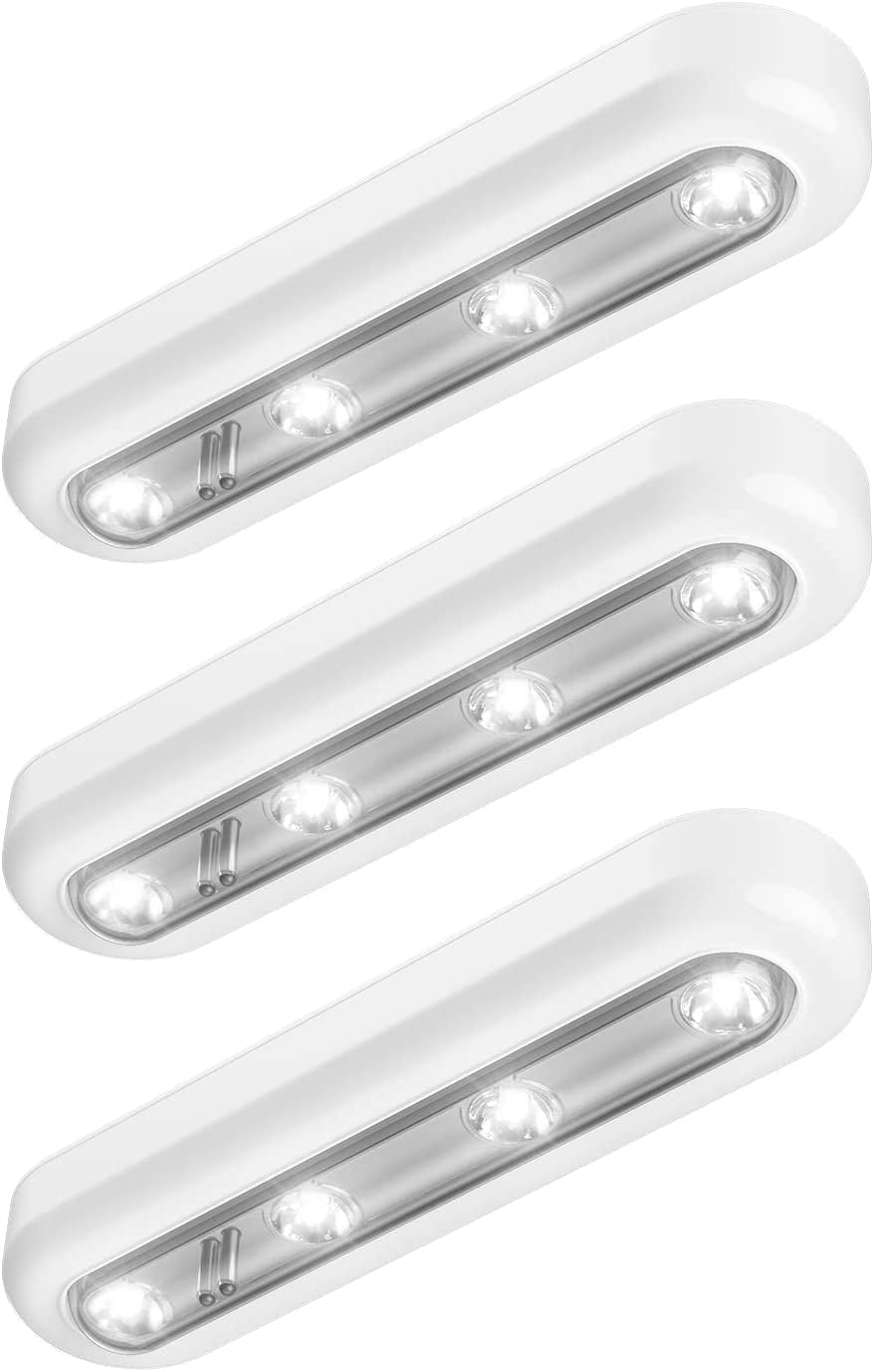 Tap Closet Lights, One Touch Light, Stick-On Anywhere 4-Led Touch Tap Light, Cordless Touch Sensor LED Night Light, Battery Operated Stair Safe Lights, 140° Rotation, 3 Pack