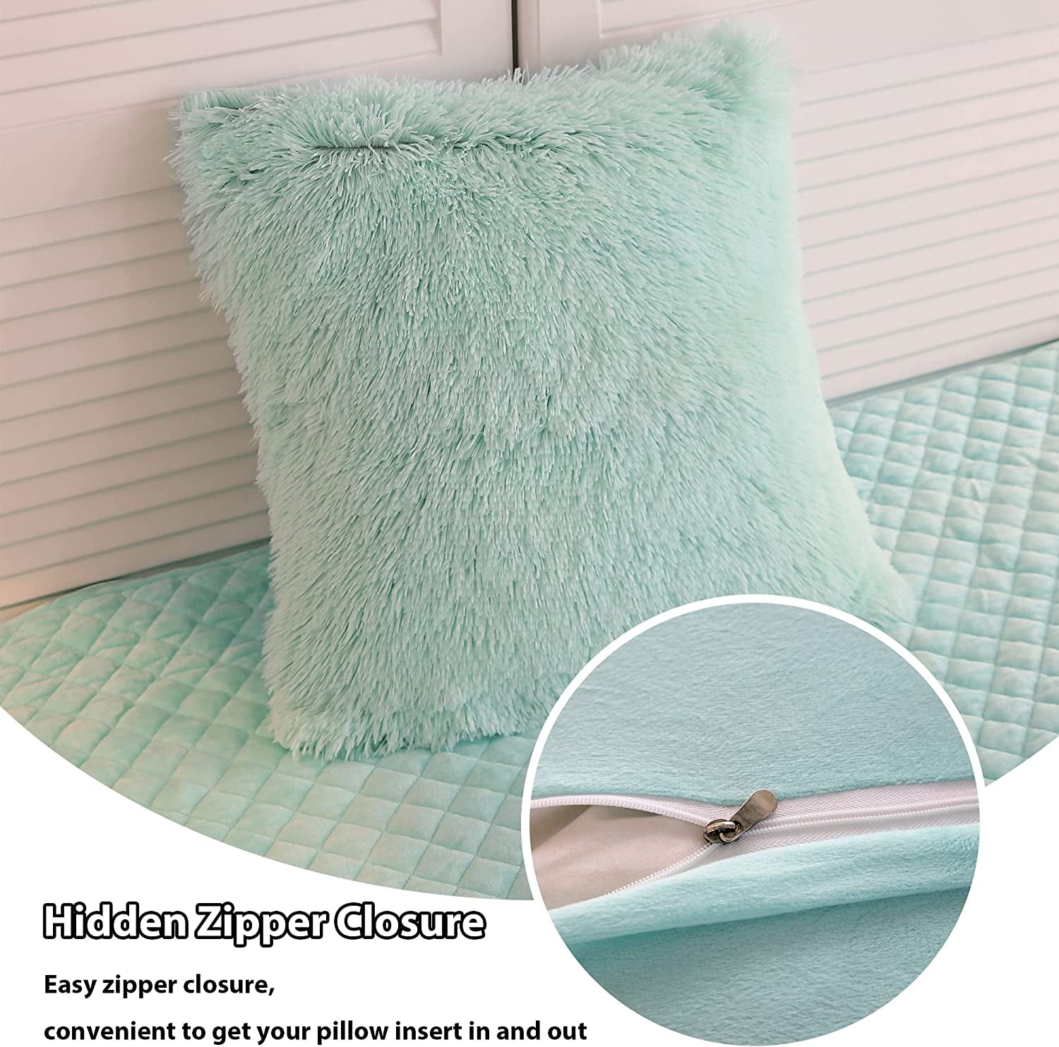 2 Pack Faux Fur Pillow Shams,Shaggy Plush Home Decorative Luxury Series Super Soft Furry Pillow Case with Zipper Closure for Home Sofa Couch Decoration,Standard Queen(Mint,20"X26")