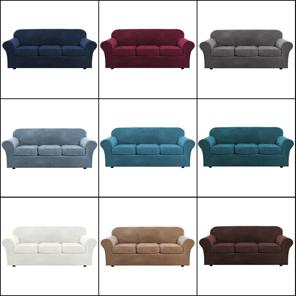 Velvet Plush 4 Piece Stretch Sofa Covers Couch Covers for 3 Cushion Couch 3 Seater Covers (Base Cover plus 3 Individual Cushion Covers) Feature Thick Soft Stay in Place