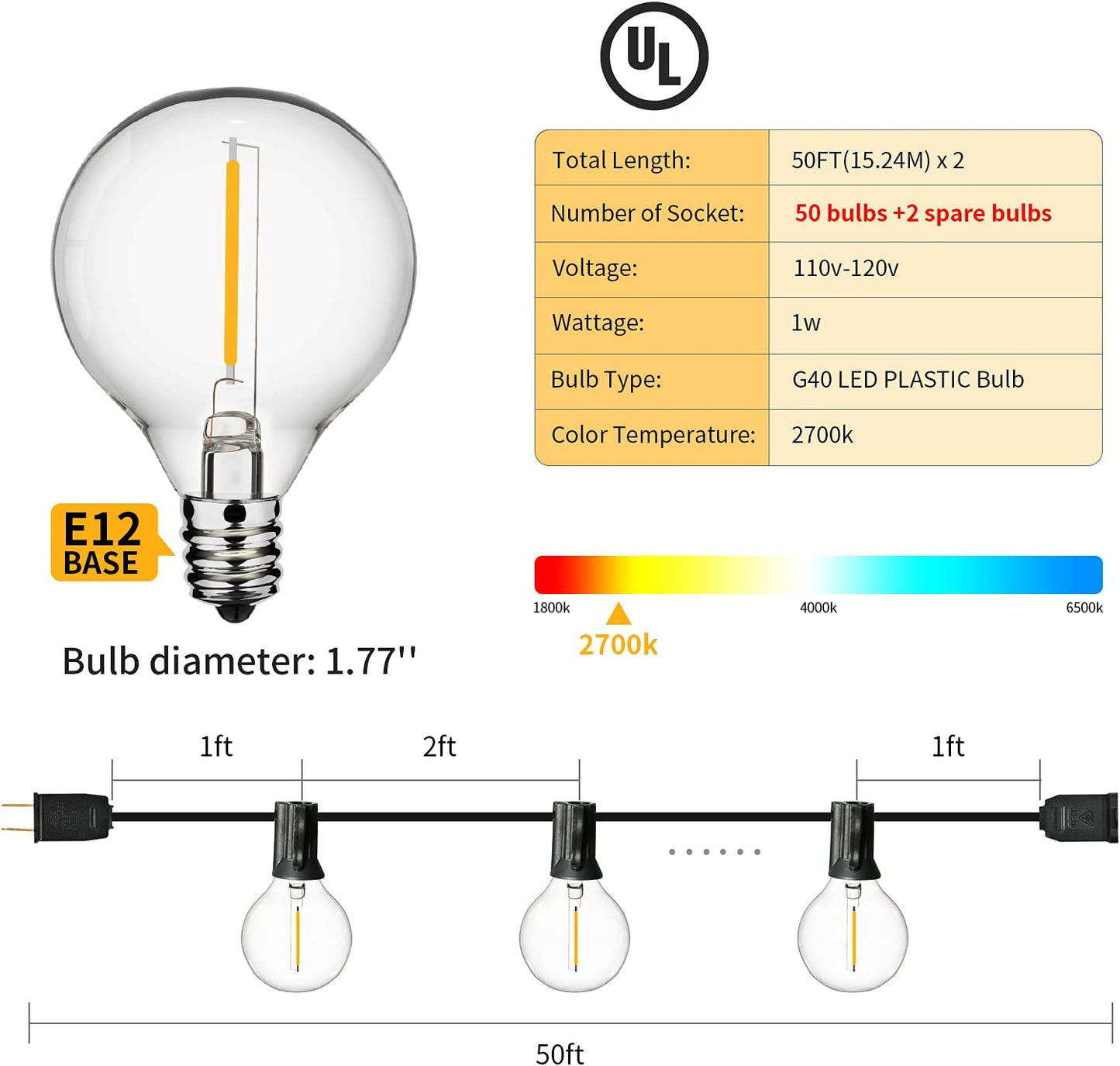 100Ft 2-Pack Outdoor String Lights,Dimmable G40 LED String Lights with 52 Shatterproof Clear Bulbs UL Approval Waterproof Globe 1W 2700K Outdoor Lighting for Backyard Porch Cafe Party Wedding Garden