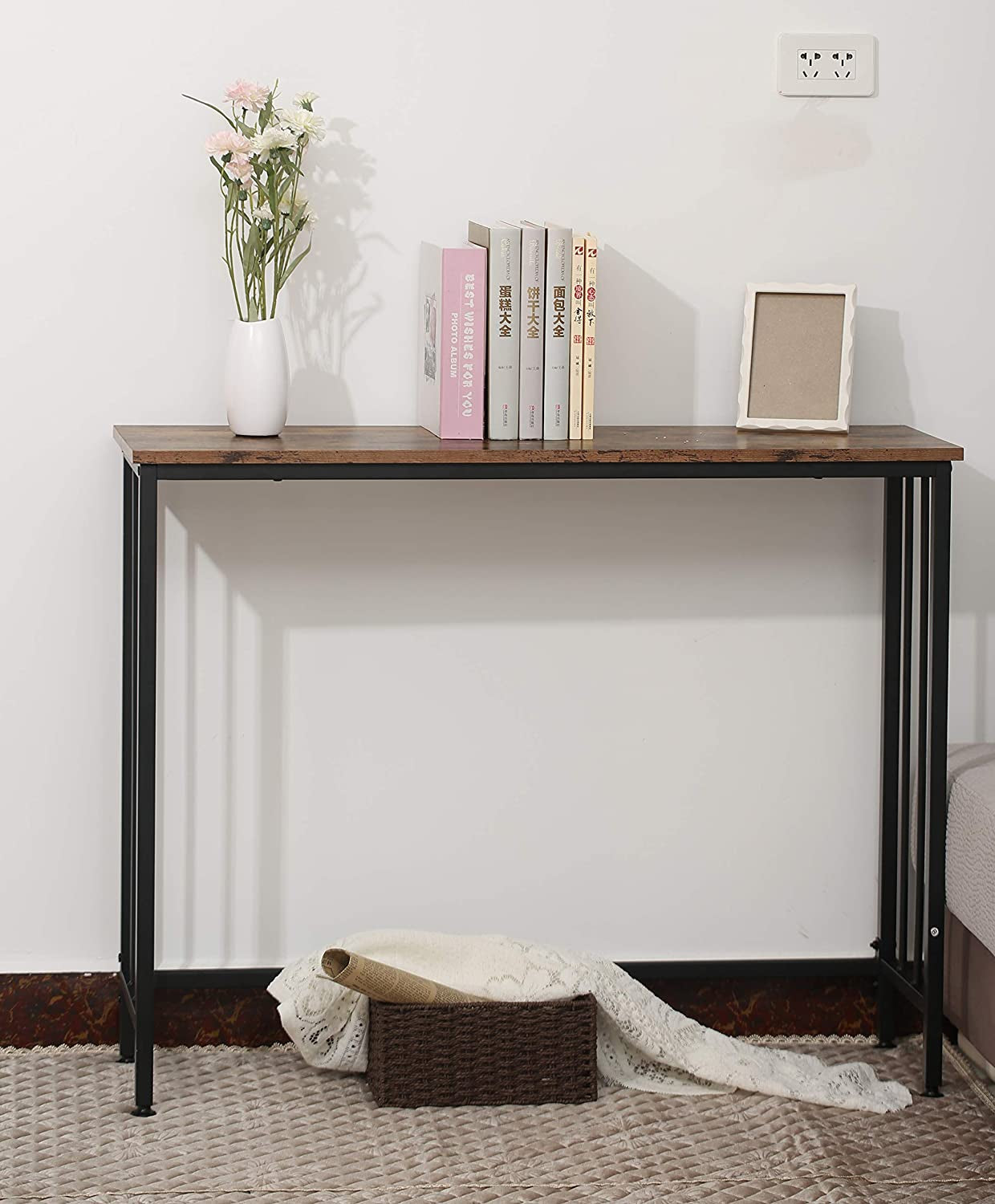 Industrial Console Table, Sofa Table for Living Room，Hallway，Entryway, Entrance Hall, Corridor - Wood Look Metal Frame 38.6" L X 11.8" W X 30.7H - Rustic Brown