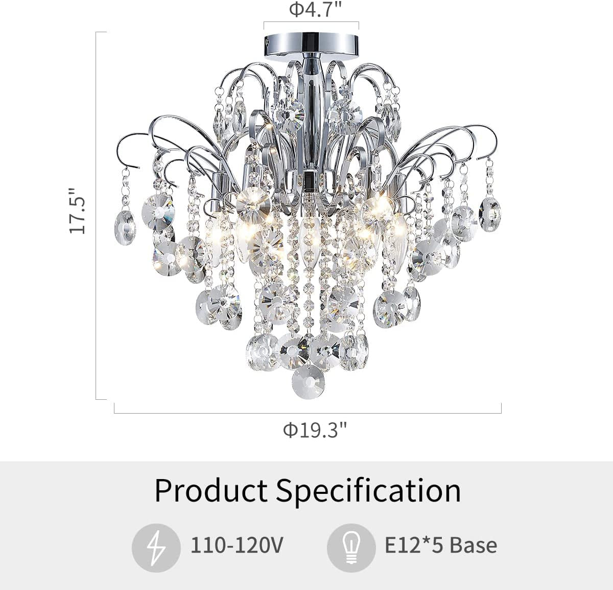 Crystal Chandelier Flushmount Ceiling Light Modern Lighting Fixture for Bedroom Hallway Bar Kitchen Bathroom, H 17.5'' X W 19.3'', E12 Base, Chrome