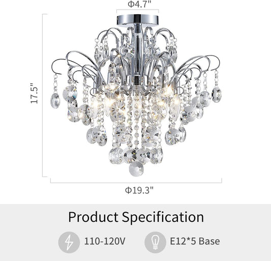 Crystal Chandelier Flushmount Ceiling Light Modern Lighting Fixture for Bedroom Hallway Bar Kitchen Bathroom, H 17.5'' X W 19.3'', E12 Base, Chrome