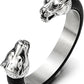 Mens Steel Wolf Head Open Cuff Bangle Bracelet Inlaid with Black Leather Elastic Adjustable