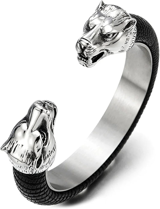 Mens Steel Wolf Head Open Cuff Bangle Bracelet Inlaid with Black Leather Elastic Adjustable