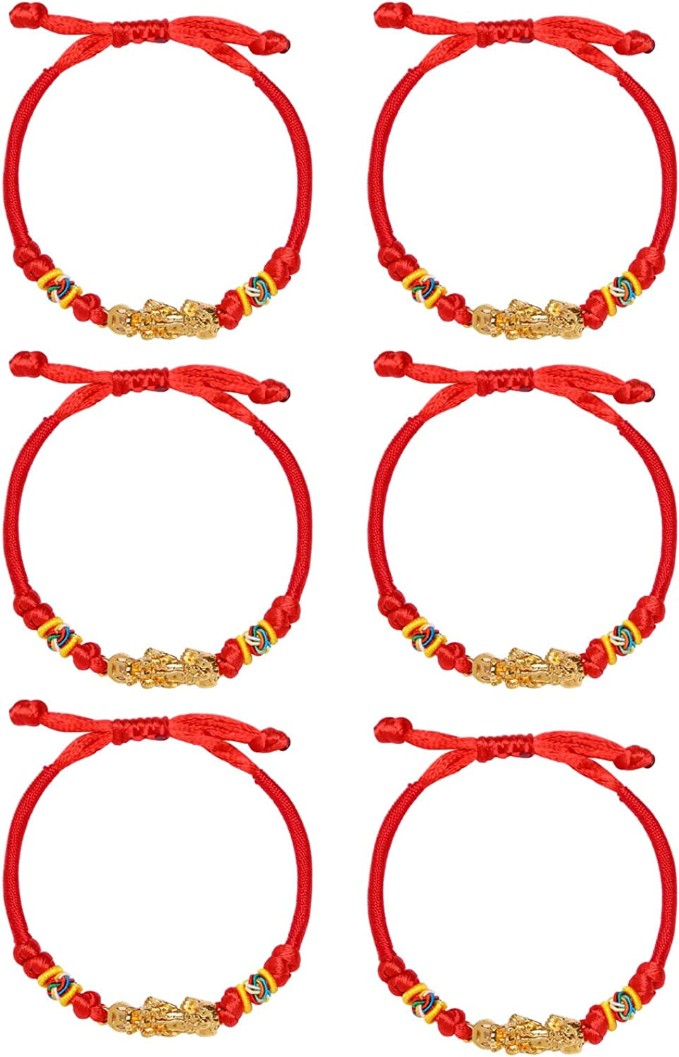 6Pcs Adjustable Braided Lucky Red String Rope Feng Shui Pixiu Pi Yao Bracelet Set Attract Wealth Prosperity Good Luck Wristband Amulet Jewelry for Women Men