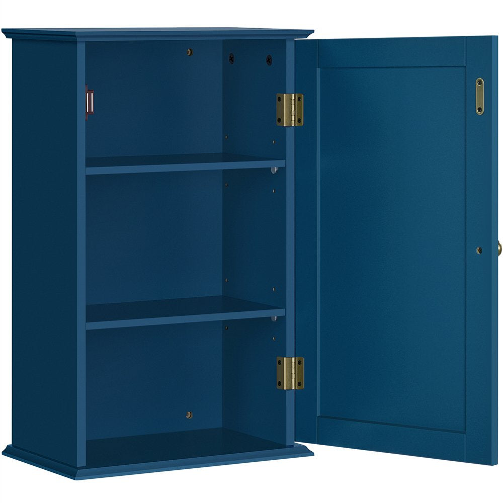 3 Tiers Wall Mounted Storage Cabinet Single Door Store Medicine Foods Cups for Bathroom Kitchen Living Room, Navy Blue