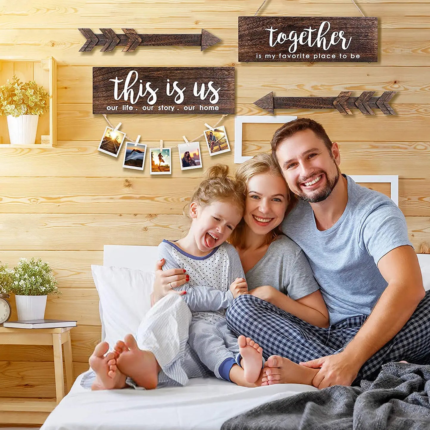 4Pcs Farmhouse Rustic Wall Decor Signs, This Is Us Wooden Wall Art Sign, Together Hanging Wooden Sign and 2Pcs Wood Arrow Signs for Housewarming Gift Home Decor Living Room Bedroom Wall Decor