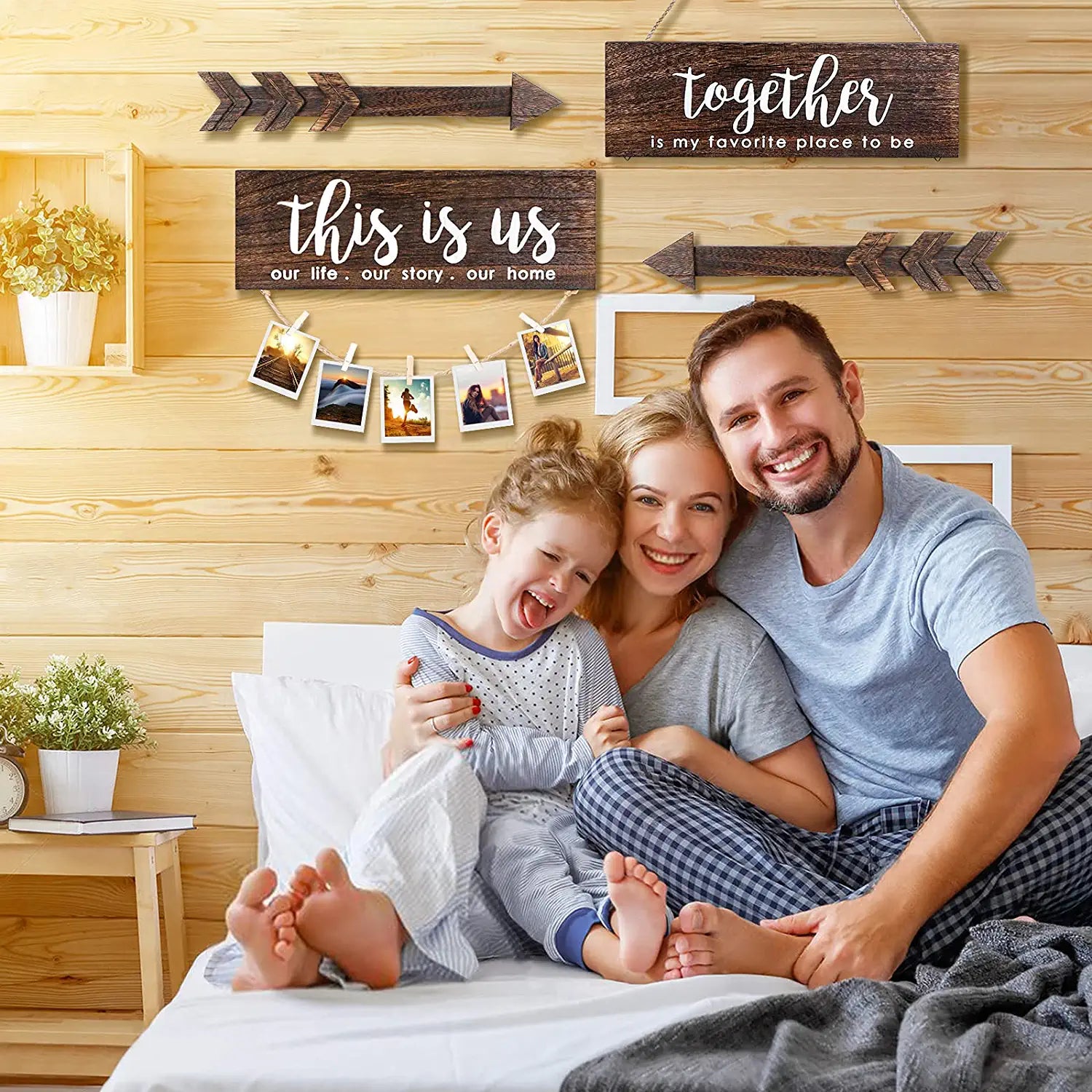 4Pcs Farmhouse Rustic Wall Decor Signs, This Is Us Wooden Wall Art Sign, Together Hanging Wooden Sign and 2Pcs Wood Arrow Signs for Housewarming Gift Home Decor Living Room Bedroom Wall Decor