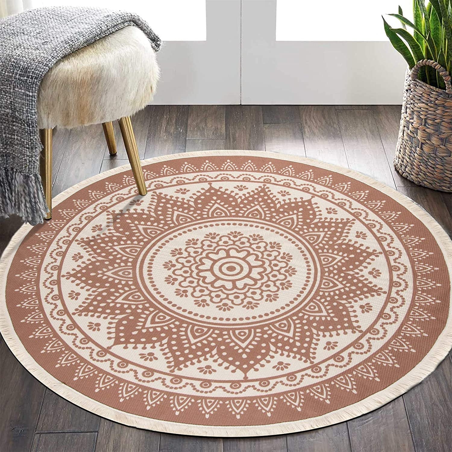 Cotton round Area Rug Hand Woven Cotton Area Rug with Tassels Fringe Washable Chic Bohemian Mandala Indoor Throw Rugs for Living Room Bedroom (4 Ft Diameter, Mandala-Beige)