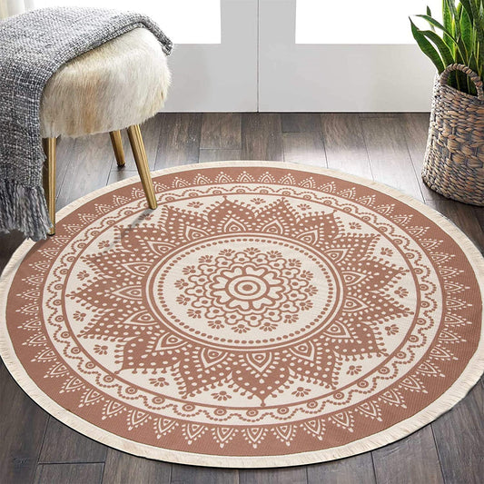 Cotton round Area Rug Hand Woven Cotton Area Rug with Tassels Fringe Washable Chic Bohemian Mandala Indoor Throw Rugs for Living Room Bedroom (4 Ft Diameter, Mandala-Beige)