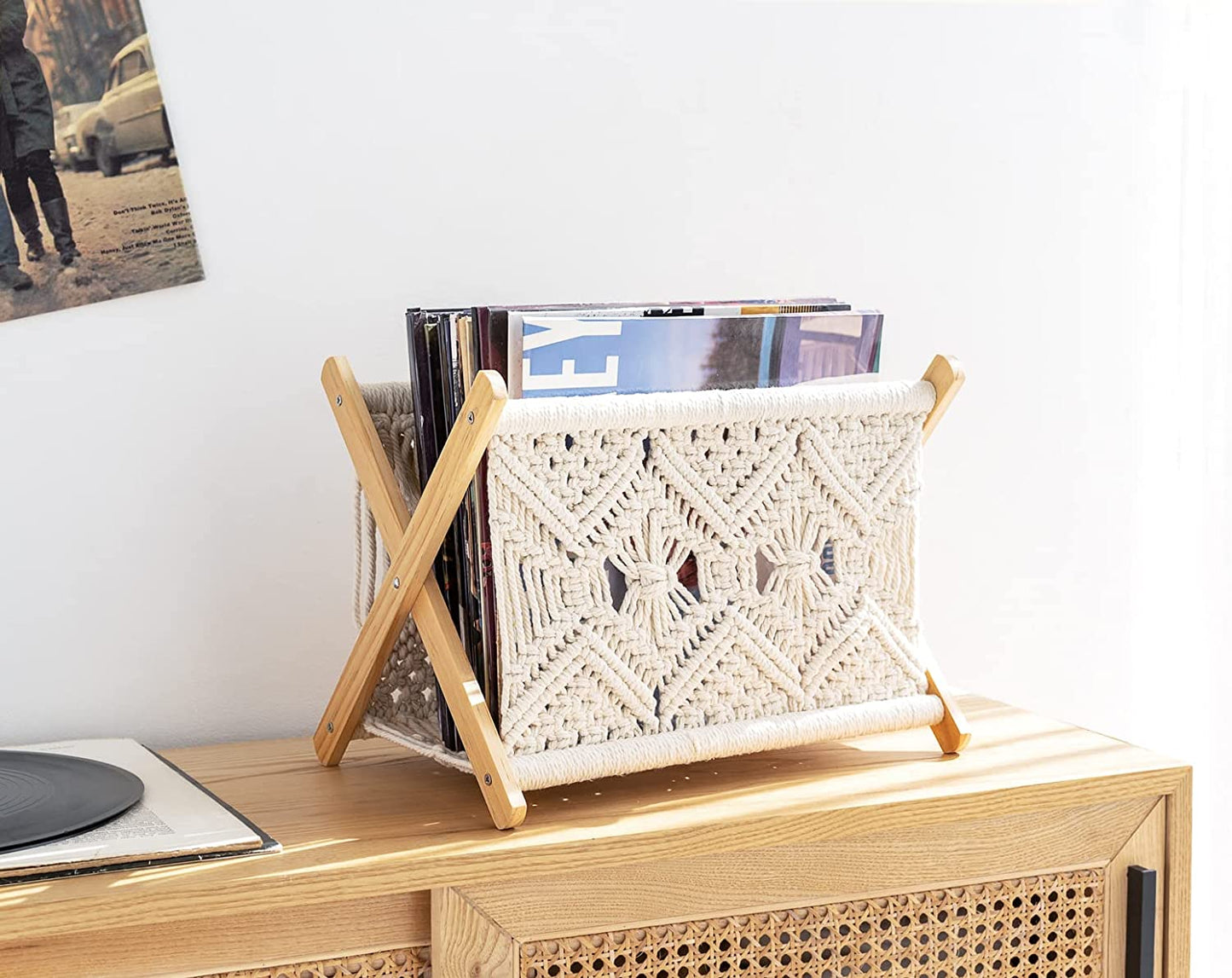 Macrame Magazine Rack Boho Magazine Holder Storage Standing Basket for Books, Newspapers, Swaddle Blanket, Living Room, Bathroom, Office, Nursery, Home Decor, Medium Size, 14’’L X 10’’W
