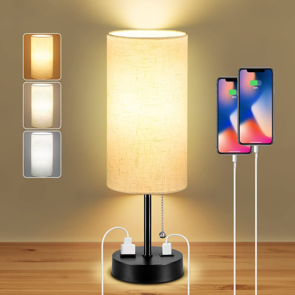 USB Bedside Table Lamp, 2700K 4000K 5000K Nightstand Lamp with Pull Chain, Bedside Lamp with USB Port & AC Outlet, Table Lamp for Bedroom Living Room, Bulb Included, Fabric Linen Lamp Shade