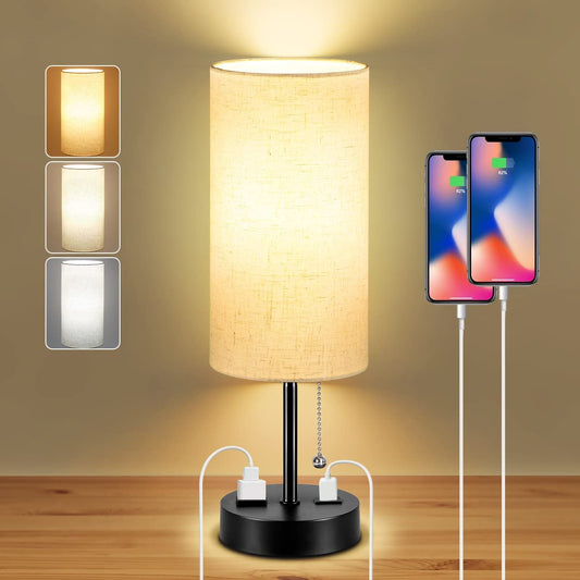 USB Bedside Table Lamp, 2700K 4000K 5000K Nightstand Lamp with Pull Chain, Bedside Lamp with USB Port & AC Outlet, Table Lamp for Bedroom Living Room, Bulb Included, Fabric Linen Lamp Shade