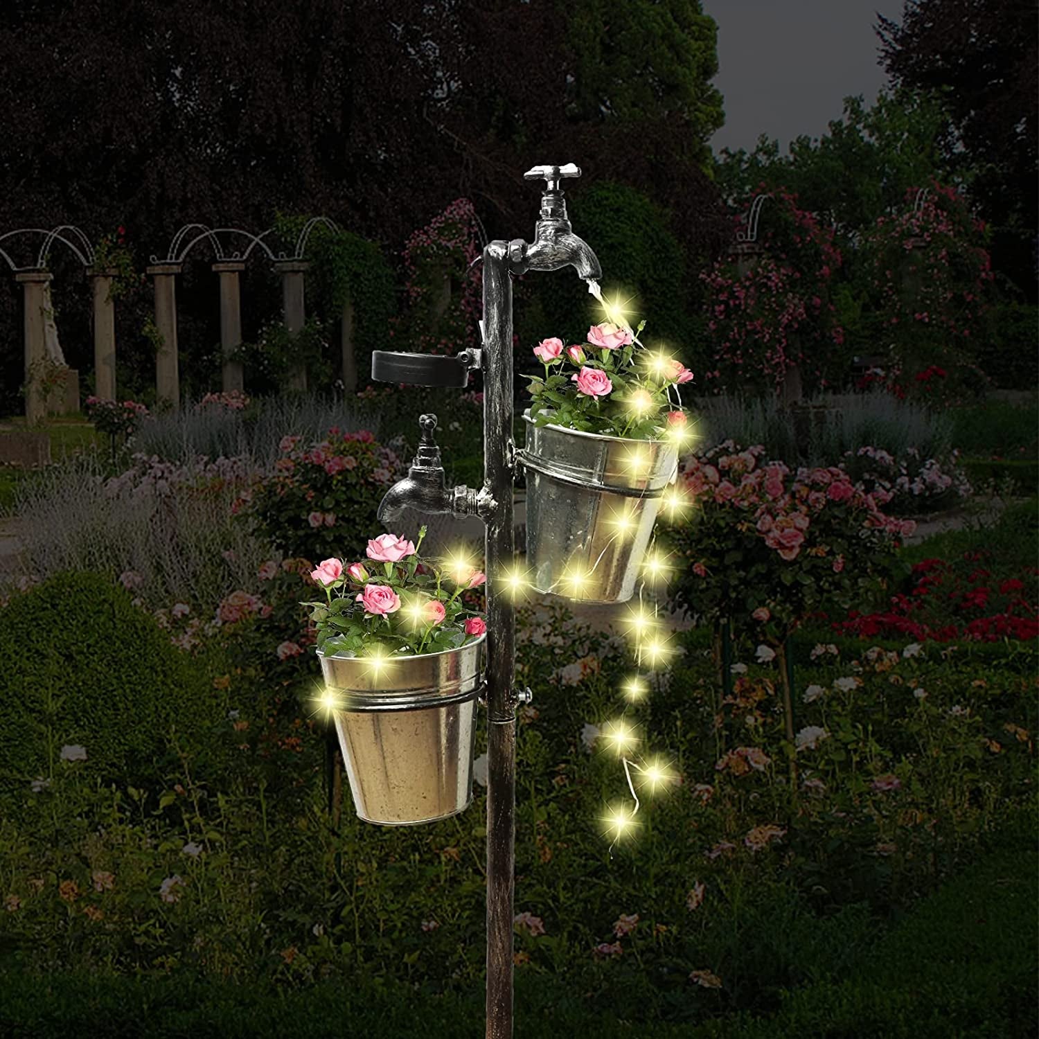 Solar Faucet Garden Stake with Two Planters, LED Lights Flowing Water Retro Metal Faucet Yard Stake Outdoor Plant Holder Flower Pots for Lawn Garden Decorations