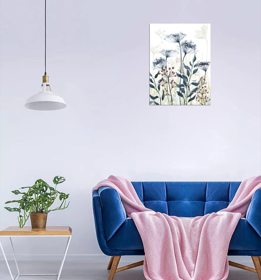 Flower Canvas Wall Art Indigo Floral Canvas Pictures Print for Bedroom Living Room Bathroom Wall Decor Watercolor Botanic Painting Artwork Wall Decoraion Framed Ready to Hang 12" X 16"