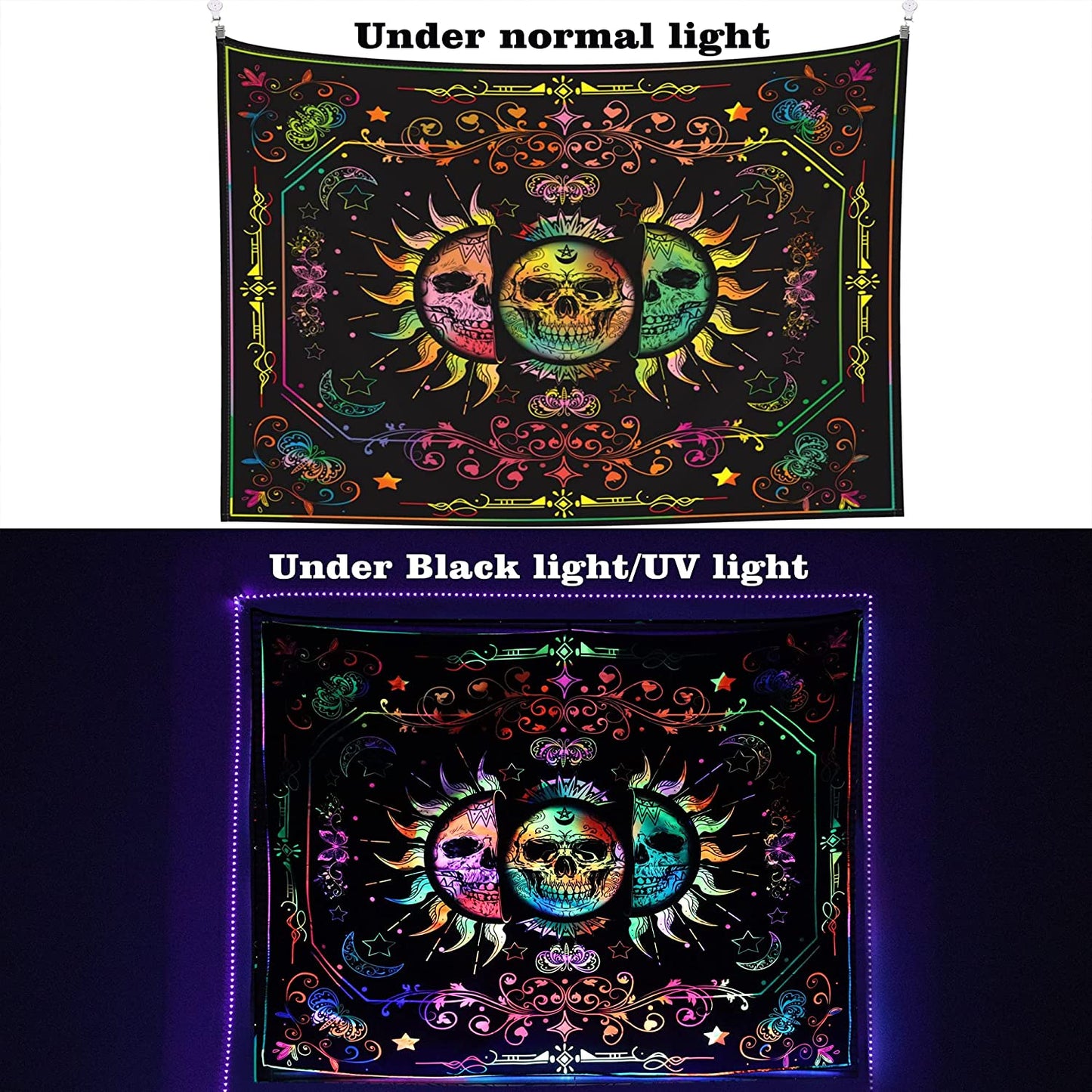 Tapestry Blacklight Tapestry Sun and Moon Tapestry UV Reactive Skull Tapestries Tirppy Wall Hanging Psychedelic Black Light Skeleton Tapestry for Bedroom Aesthetics Party Decor Poster 60X51 Inch