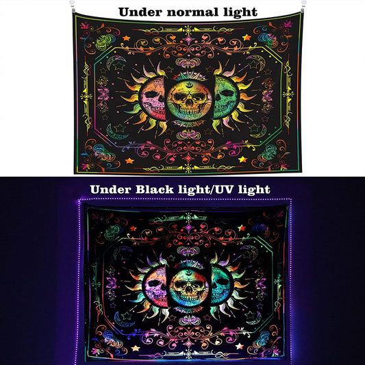 Tapestry Blacklight Tapestry Sun and Moon Tapestry UV Reactive Skull Tapestries Tirppy Wall Hanging Psychedelic Black Light Skeleton Tapestry for Bedroom Aesthetics Party Decor Poster 60X51 Inch