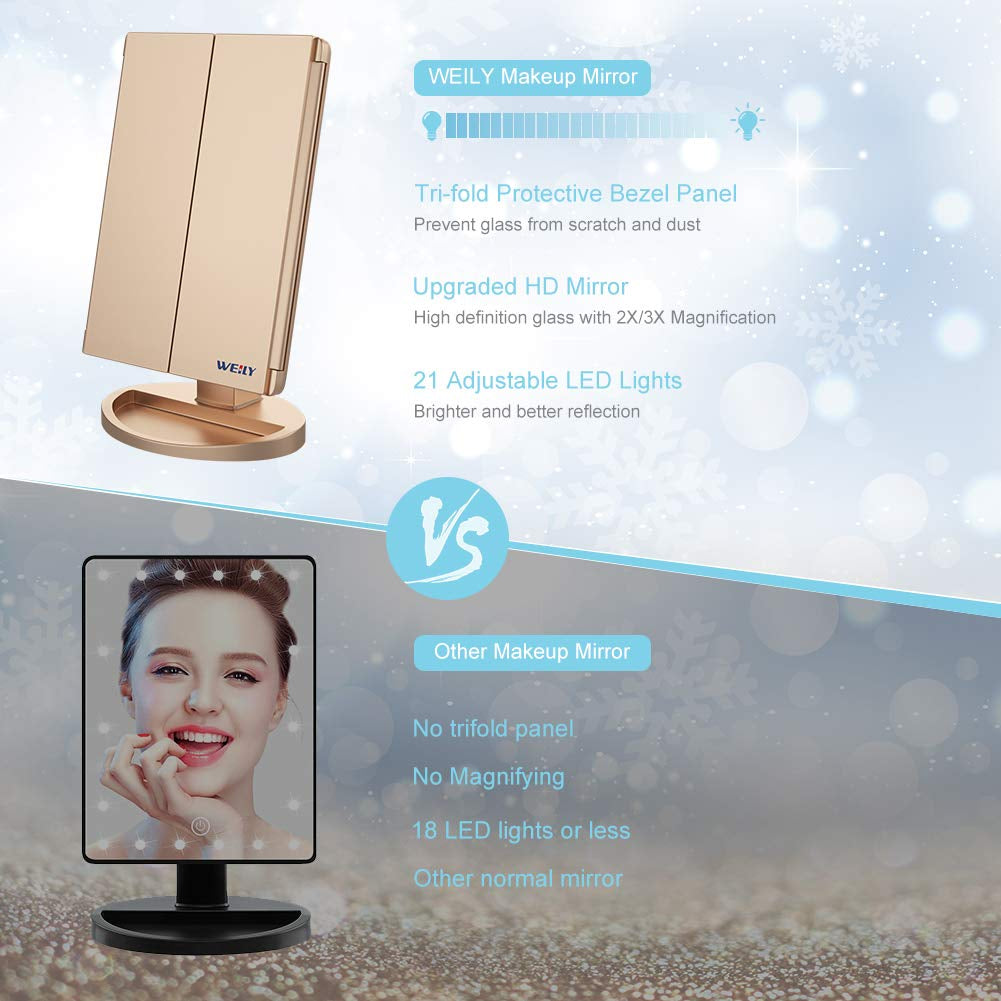 Makeup Mirror with 21 LED Lights,Two Power Supply, Touch Screen and 1X/2X/3X Magnification Tri-Fold Vanity Mirror , Gift for Women(Gold)