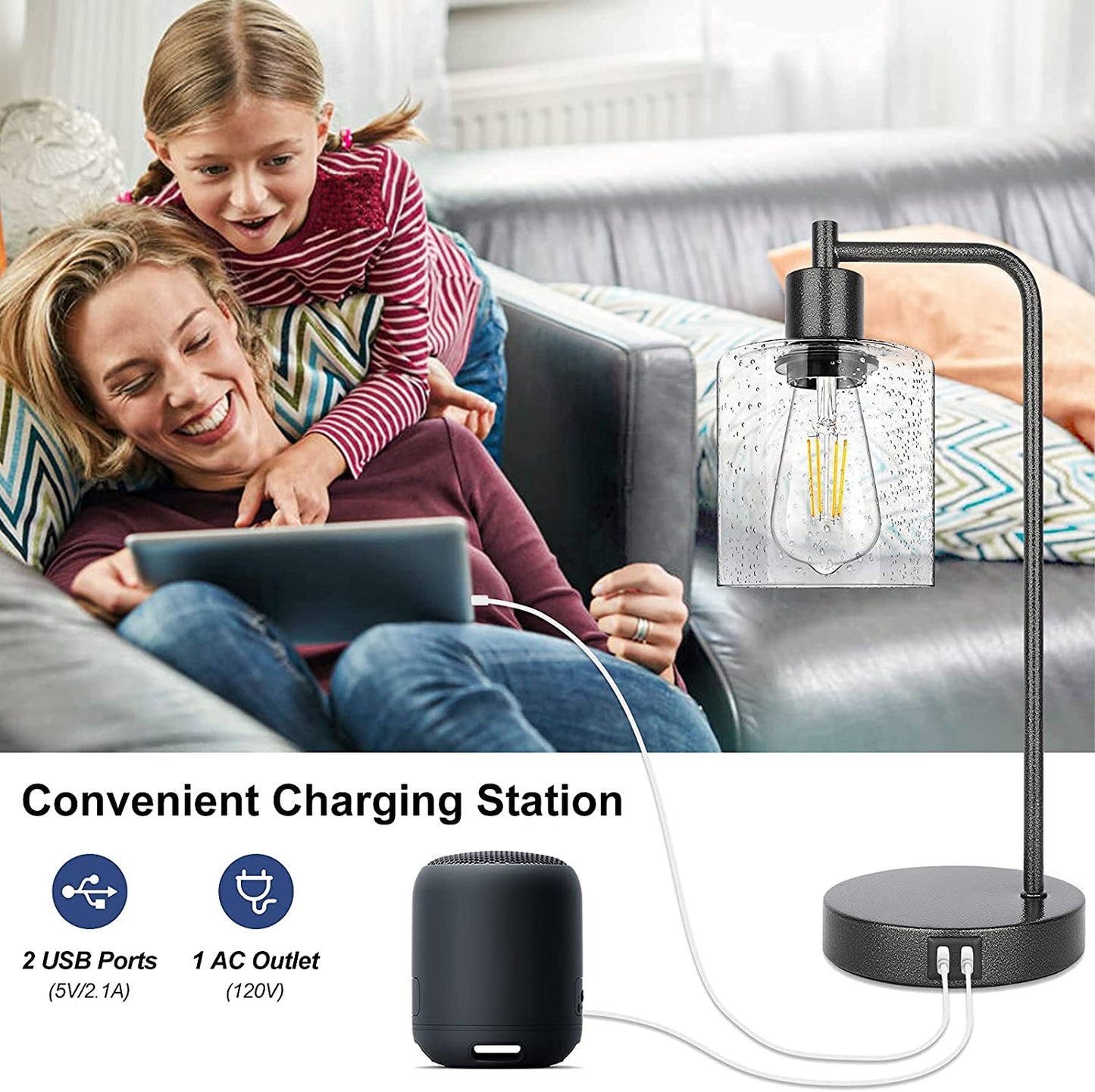 Set of 2 Farmhouse Rustic Table Lamps Rocky Black for Bedroom Nightstand 3-Way Dimmable Touch Control Industrial Bedside Lamps with 2 USB Charging Ports & AC Outlet Living Room Office, Bulbs Included