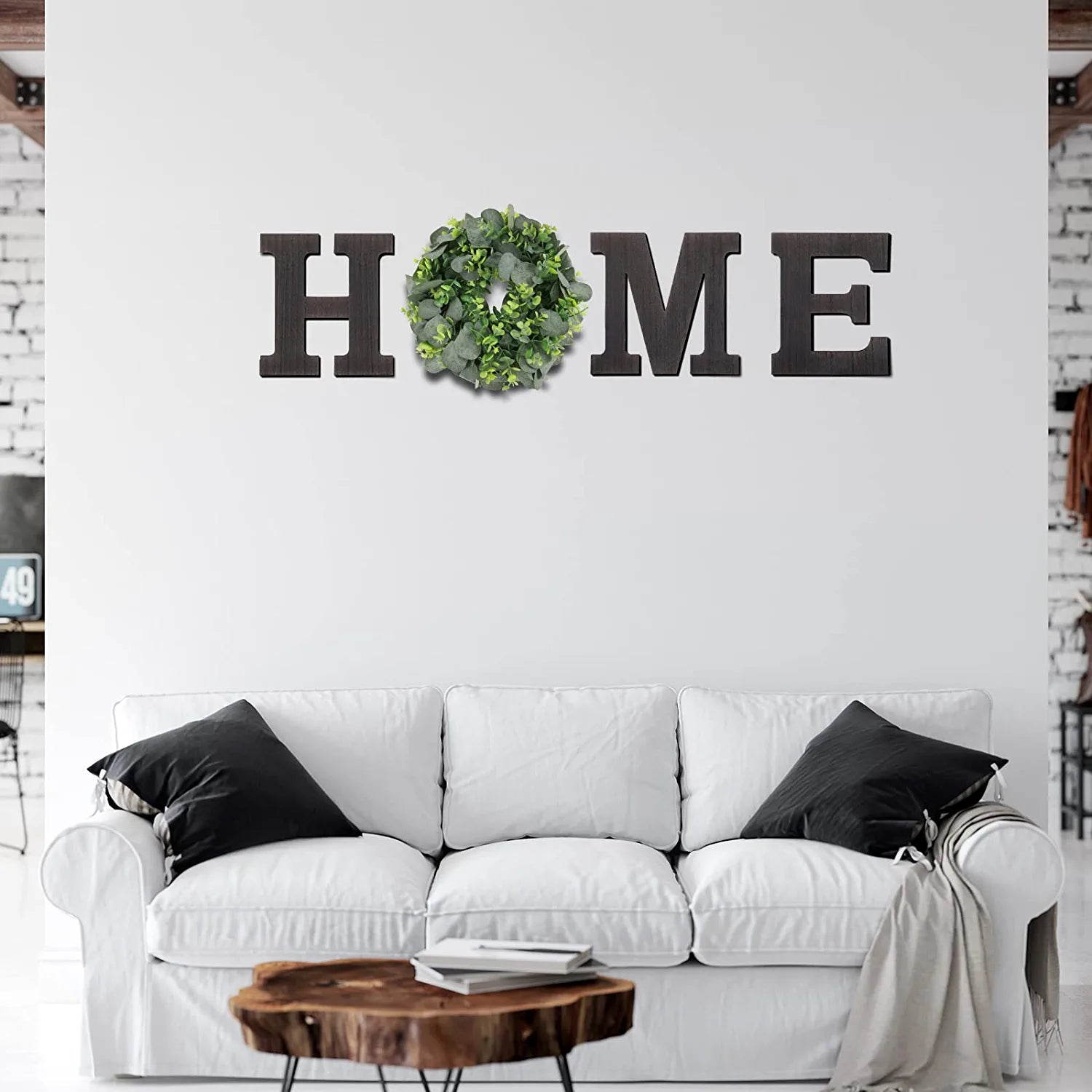 Home Sign Wall Decor Wooden Farmhouse Wall Decor Hanging Letters Home Sign with Eucalyptus Wreath for Front Door Living Room Entryway Kitchen Bathroom Housewarming