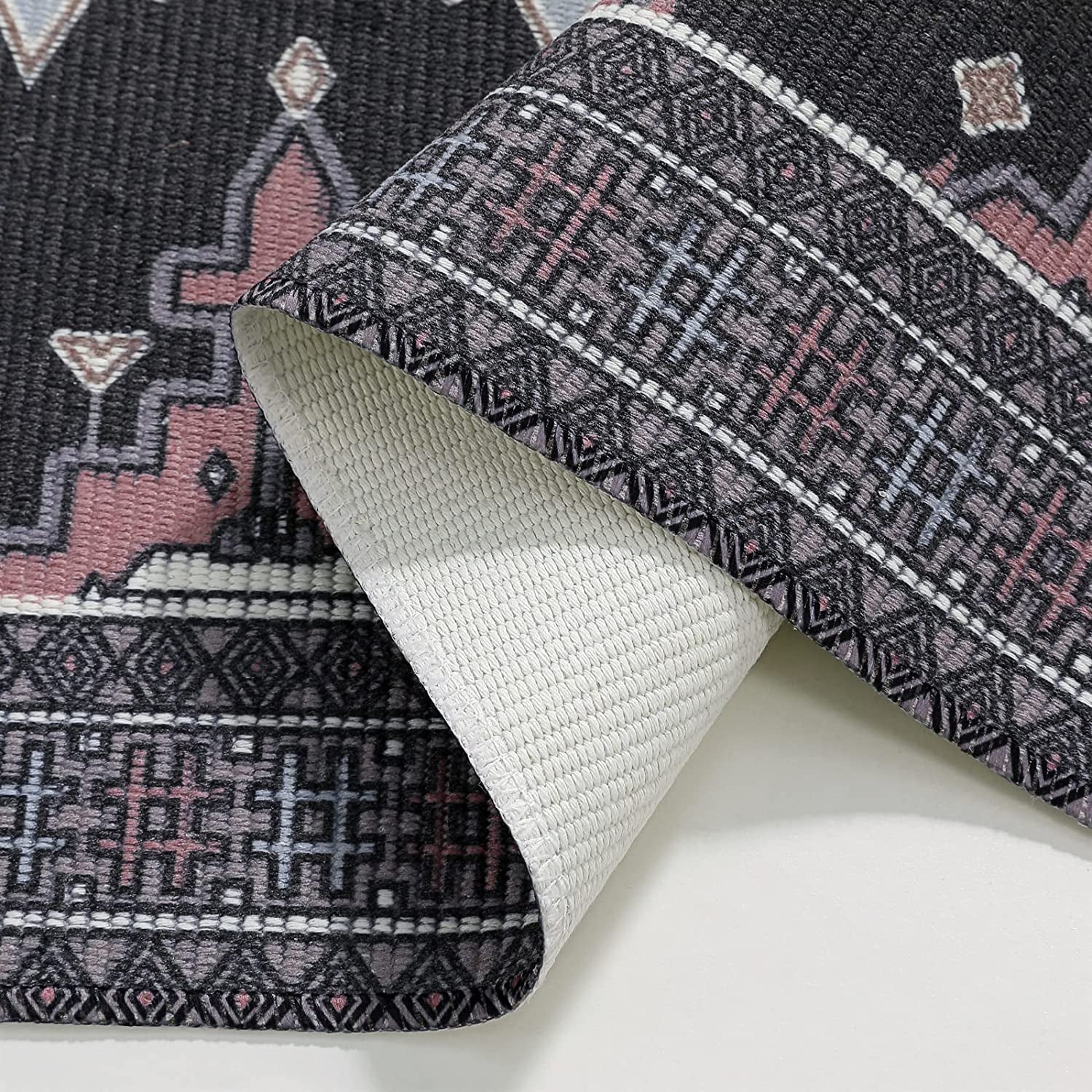 Persian Tribal Throw Rugs with Non-Slip Pad, Aztec Ethnic African Oriental Small Cotton Area Rug 2X3, Distressed Kilim Rug Floor Carpet for Kitchen Bathroom Washable (Charcoal Grey, 2X3)