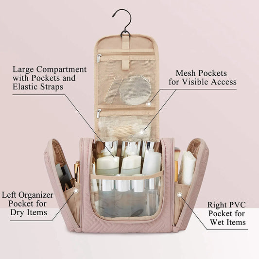 Toiletry Bag, Travel Toiletry Organizer with Hanging Hook, Water-Resistant Cosmetic Makeup Bag Travel Organizer for Shampoo, Full Sized Container, Toiletries, Pink