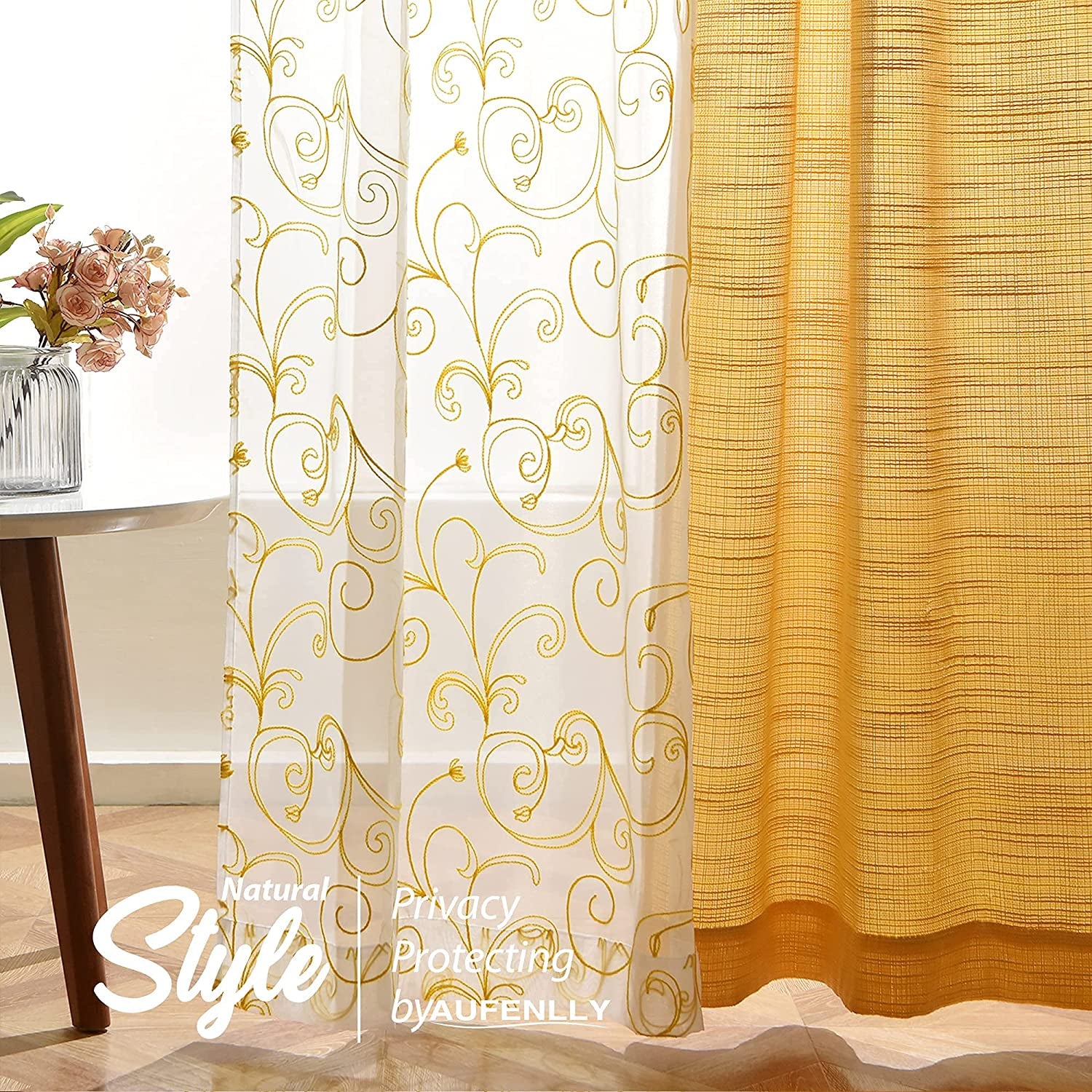 2 Embroidery Floral Semi Sheer Curtains and 2 Burlap Privacy Curtains for Windows 4 Panel Curtains Set Yellow Curtains for Living Room Curtains 84 Inches Long (Cornsilk, W27.5Xl84 Inch Each)