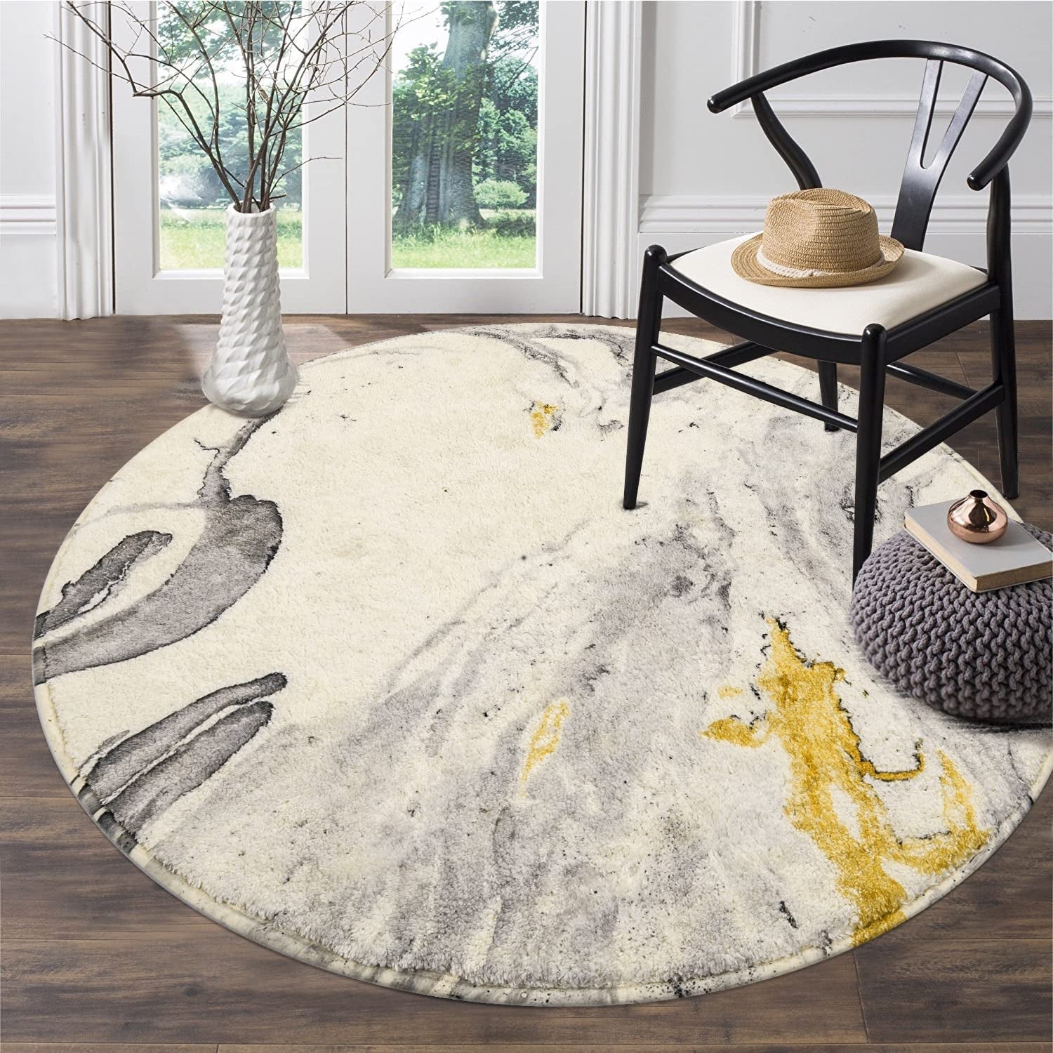 round Area Rugs 3' Diameter Modern Abstract Beige Marble Throw Rugs Super Soft Velvet Non-Slip Chic Distressed Accent Floor Carpet for Bedroom Living Room Nursery Decor