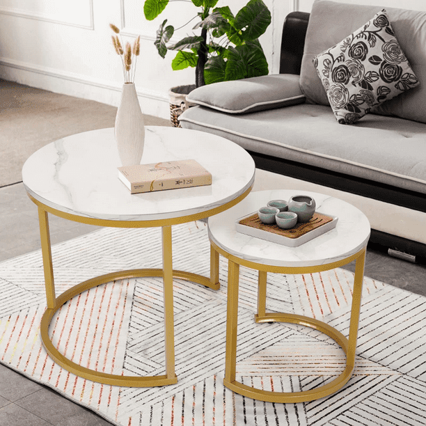 Amzdeal Modern Round Nesting Coffee Table,Set of 2, Marble