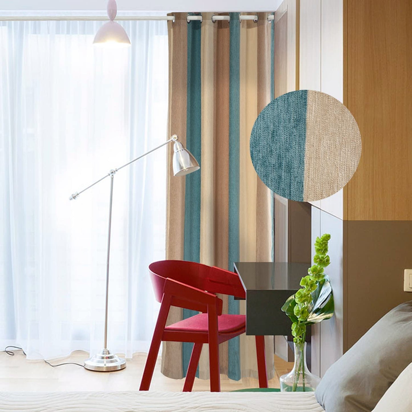 Bedroom Curtains Absolute Heat Insulation Chenille Vertical Striped Color Window Curtains Living Room Buttonhole Curtains Single Panel (W52Xl84, Blue)