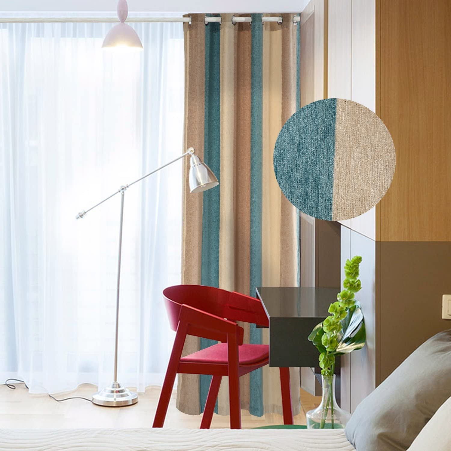 Bedroom Curtains Absolute Heat Insulation Chenille Vertical Striped Color Window Curtains Living Room Buttonhole Curtains Single Panel (W52Xl84, Blue)