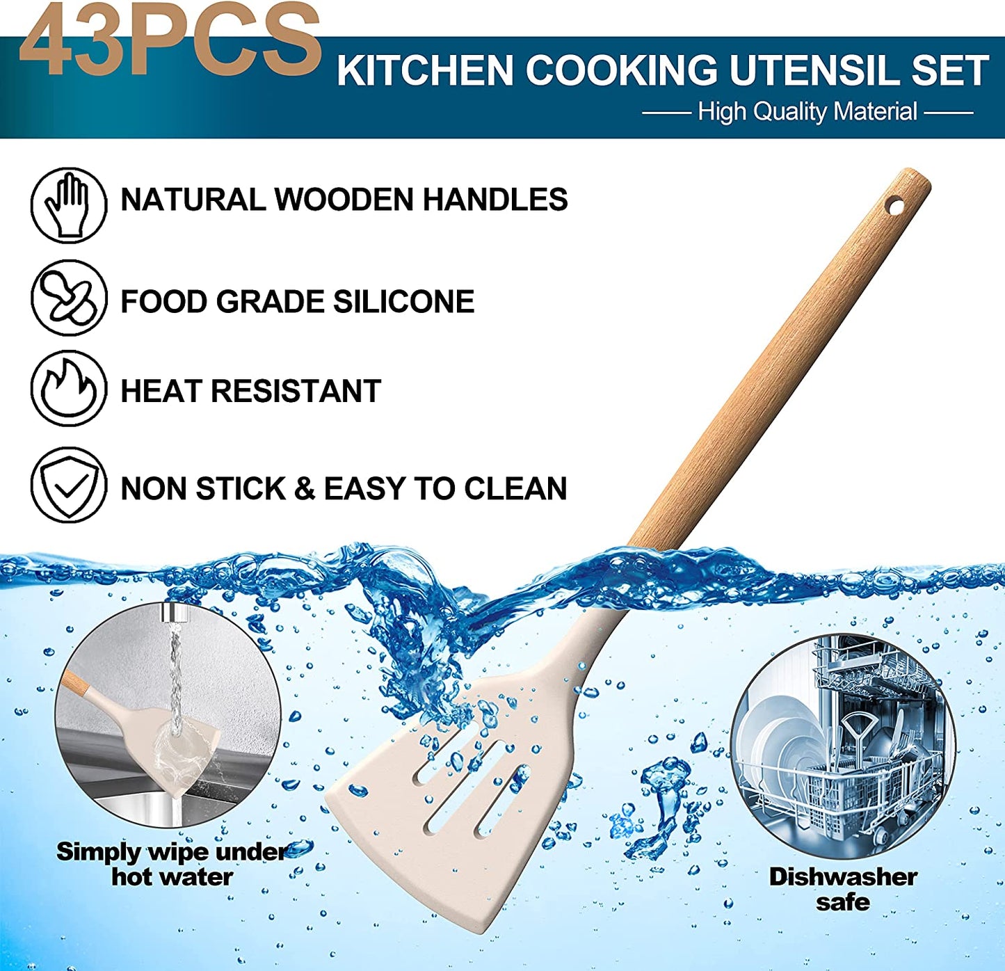 Silicone Cooking Utensils Set, 43Pcs Non-Stick Heat Resistant Kitchen Utensils Spatula Set with Wooden Handle for Baking, Cooking, and Mixing, Best Kitchen Gadgets Tools with Holder (Khaki)
