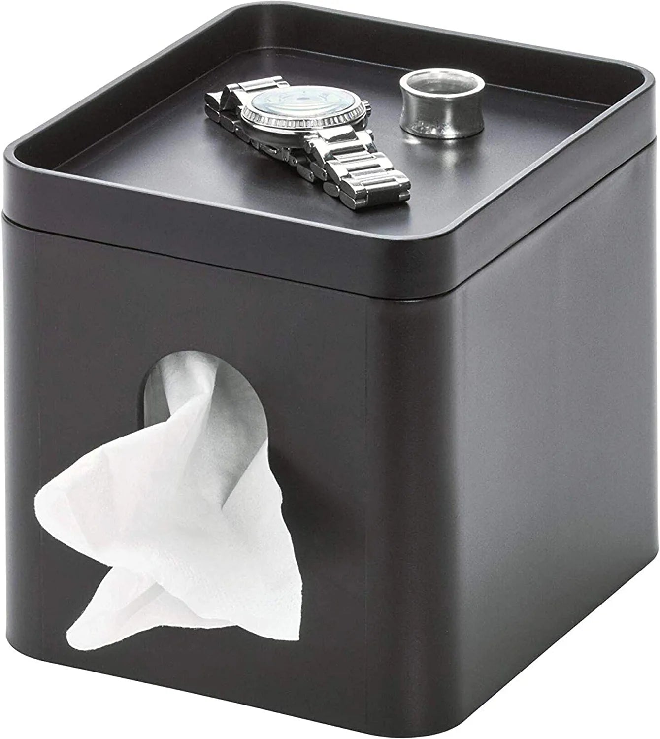 Facial Tissue Box Cover with Storage Tray, the Cade Collection – 6.1" X 5.15" X 5.4", Matte Black