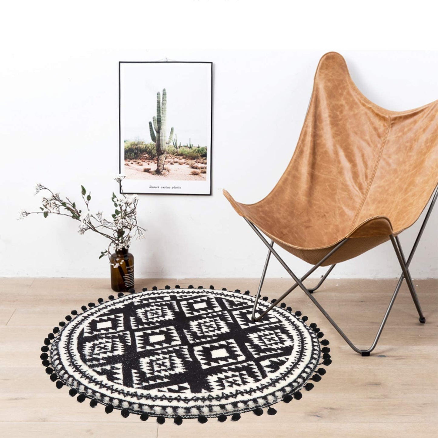 round Area Rugs 2Ft with Pom Pom Ball Fringe Black and Beige Soft Velvet Small Throw Rugs Non-Slip Boho Geometric Floor Carpet for Bedroom Living Room Bathroom Home Decor