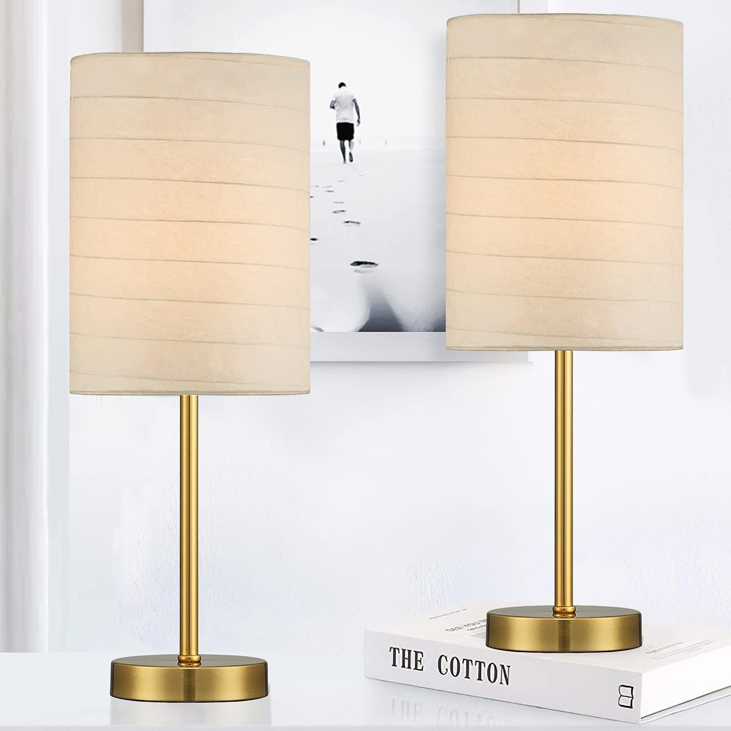 PORTRES 18.75'' Traditonal Accent Table Lamp Set of 2 for Bedroom Desk Lamps for Living Room Kids Room Study Room Office Rustic Decor Nightstand Rice Paper Lamps (Gold)