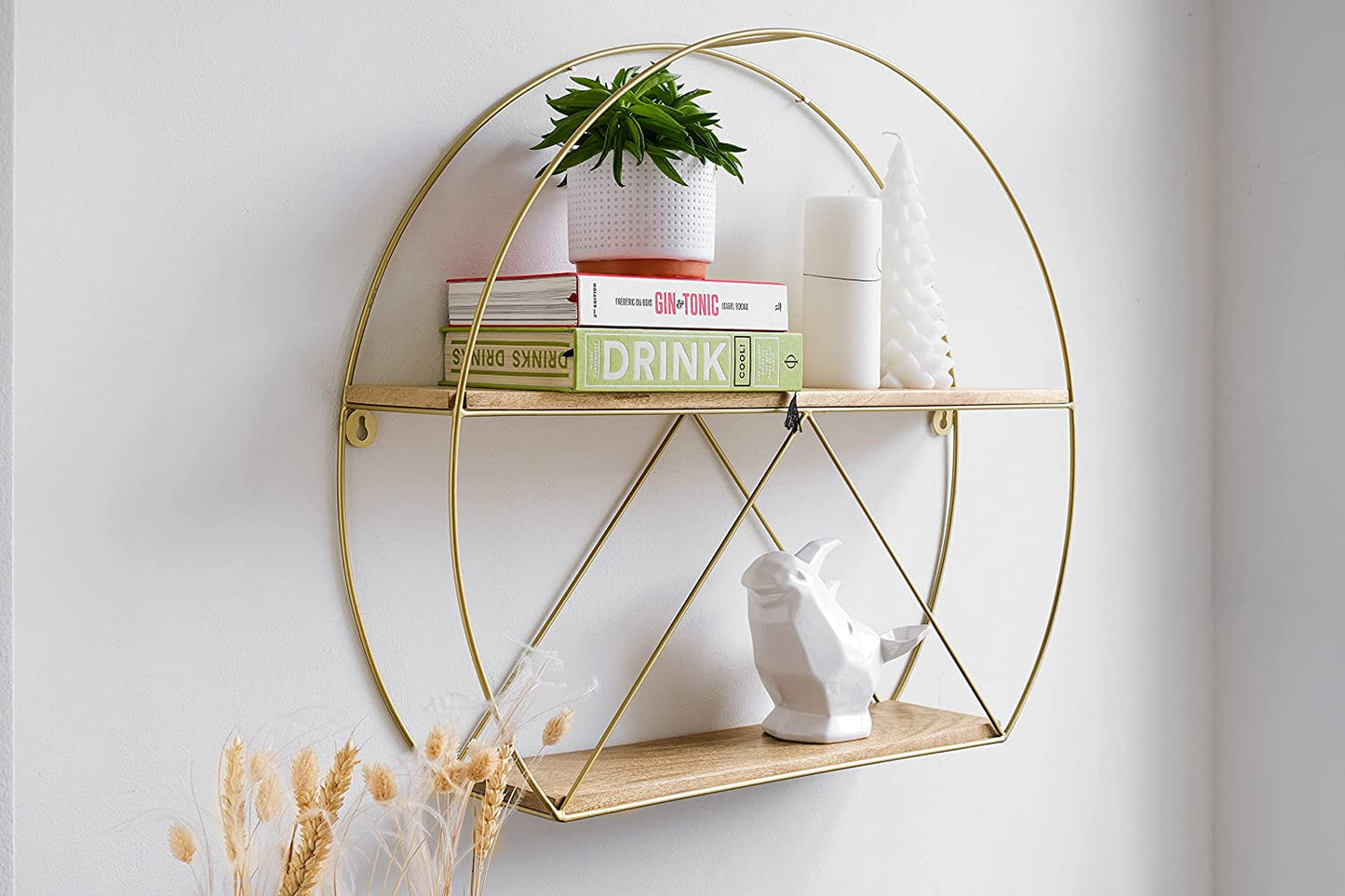 Gold round Wall Shelves, Large Circular Floating Shelf for Bathroom, Living Room, Kitchen and Bedroom, Brass Geometric Wall Decor, Metal Sconce Shelf with Mango Wood, Boho Accent Display
