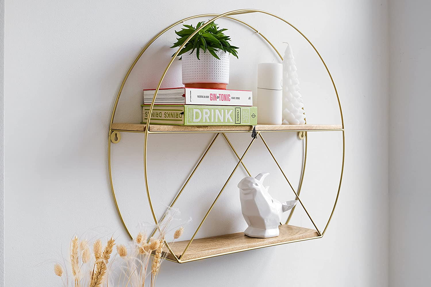Gold round Wall Shelves, Large Circular Floating Shelf for Bathroom, Living Room, Kitchen and Bedroom, Brass Geometric Wall Decor, Metal Sconce Shelf with Mango Wood, Boho Accent Display