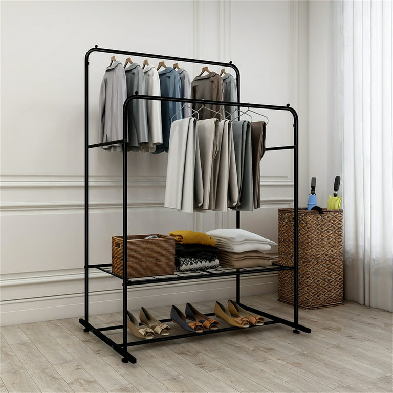 Garment Rack Freestanding Hanger Double Pole Multi-functional Bedroom Clothing Rack,Metal Clothing Garment Rack with Shelves,Black