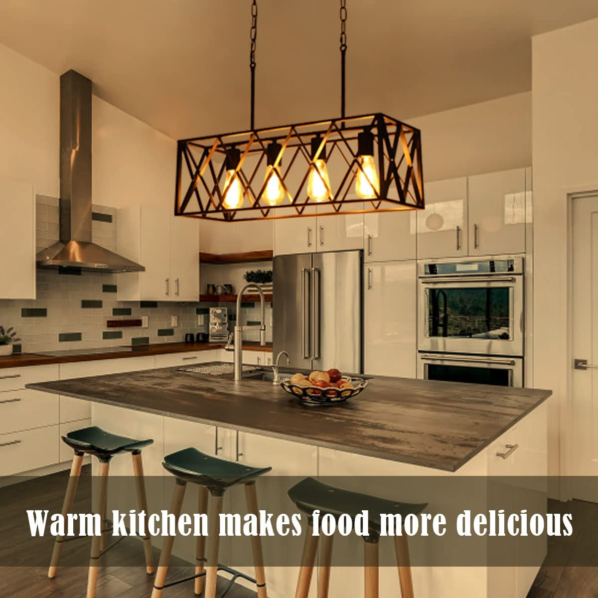 Kitchen Island Lighting Farmhouse Chandelier, 4-Lights Dining Room Light Fixtures 25.19'' Industrial Black Metal Rustic Rectangular Chandeliers for Living Room Bedroom Foyer Hallway Restaurant
