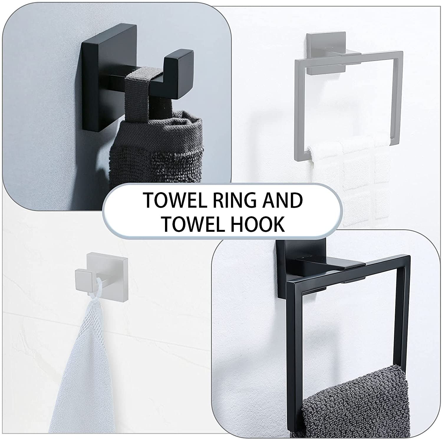 Bathroom Towel Bar Sets Matte Black 4-Piece Bathroom Hardware Set Stainless Steel Bath Accessories Kit. Wall Mounted,23.6 Inch