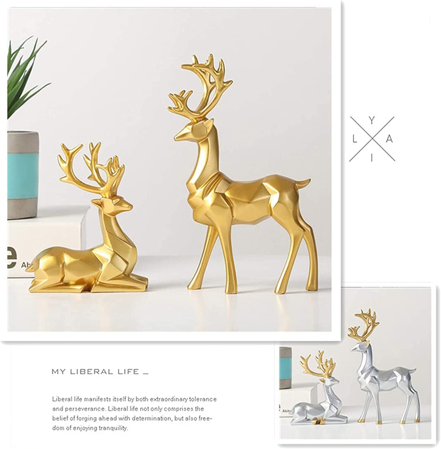 Nordic Style Origami Elk,Resin Sitting Standing Deer Statues, Creative Craft Reindeer Figurines, Ornaments Living Room TV Cabinet Wine Cabinet Gifts for Home Decoration One Pair (Golden)