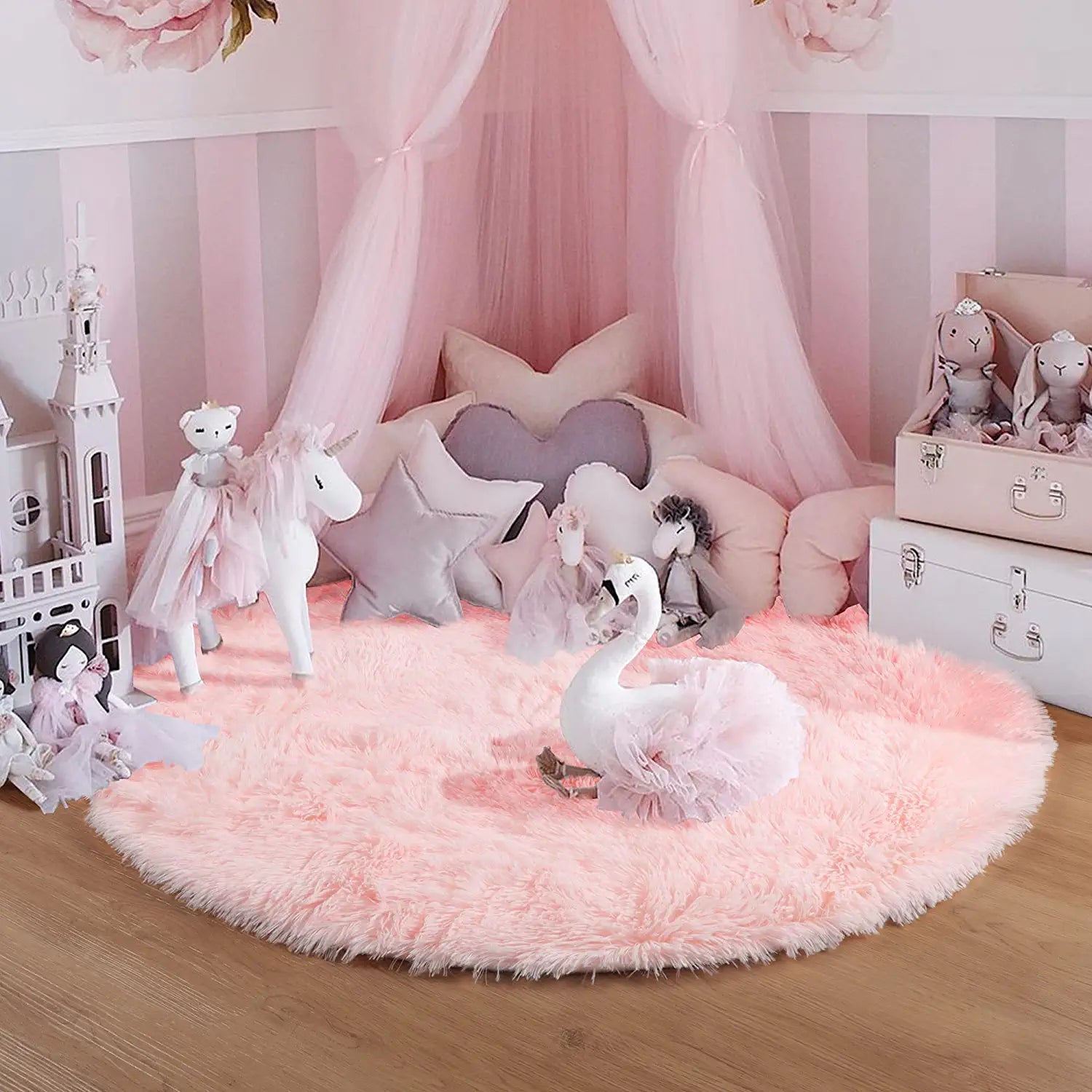Super Soft Circle Rugs for Girls Princess Castle Toddlers Play Tent 41” Diameter Circular Area Rugs for Kids Bedroom Baby Room Decor round Shag Playhouse Carpets and Nursery Rugs (Pink)