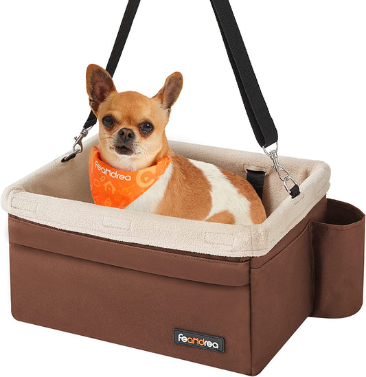 Dog Car Seat, Pet Booster Seat for Small Dogs up to 18 Lb, with Adjustable Straps, Removable Washable Fleece Liner, 4 Pockets, for Front Seats, Back Seats, Brown and Beige UPBS042K01