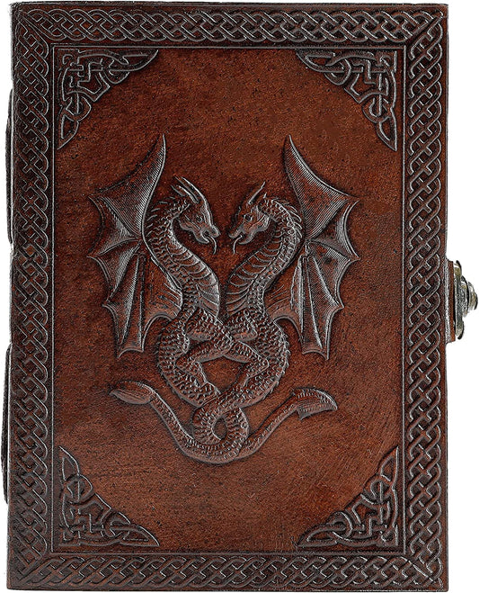 Handmade Leather Double Dragon Journal/Writing Notebook Diary/Bound Daily Notepad for Men & Women Unlined Paper Medium, Writing Pad Gift for Artit, ketch (8 X 6, Brown)