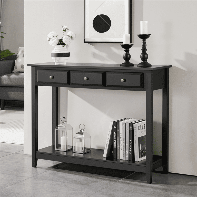 Topeakmart 3-Drawer Wooden Console Table Entryway Table with Storage Shelf Pine Wood Legs, Black