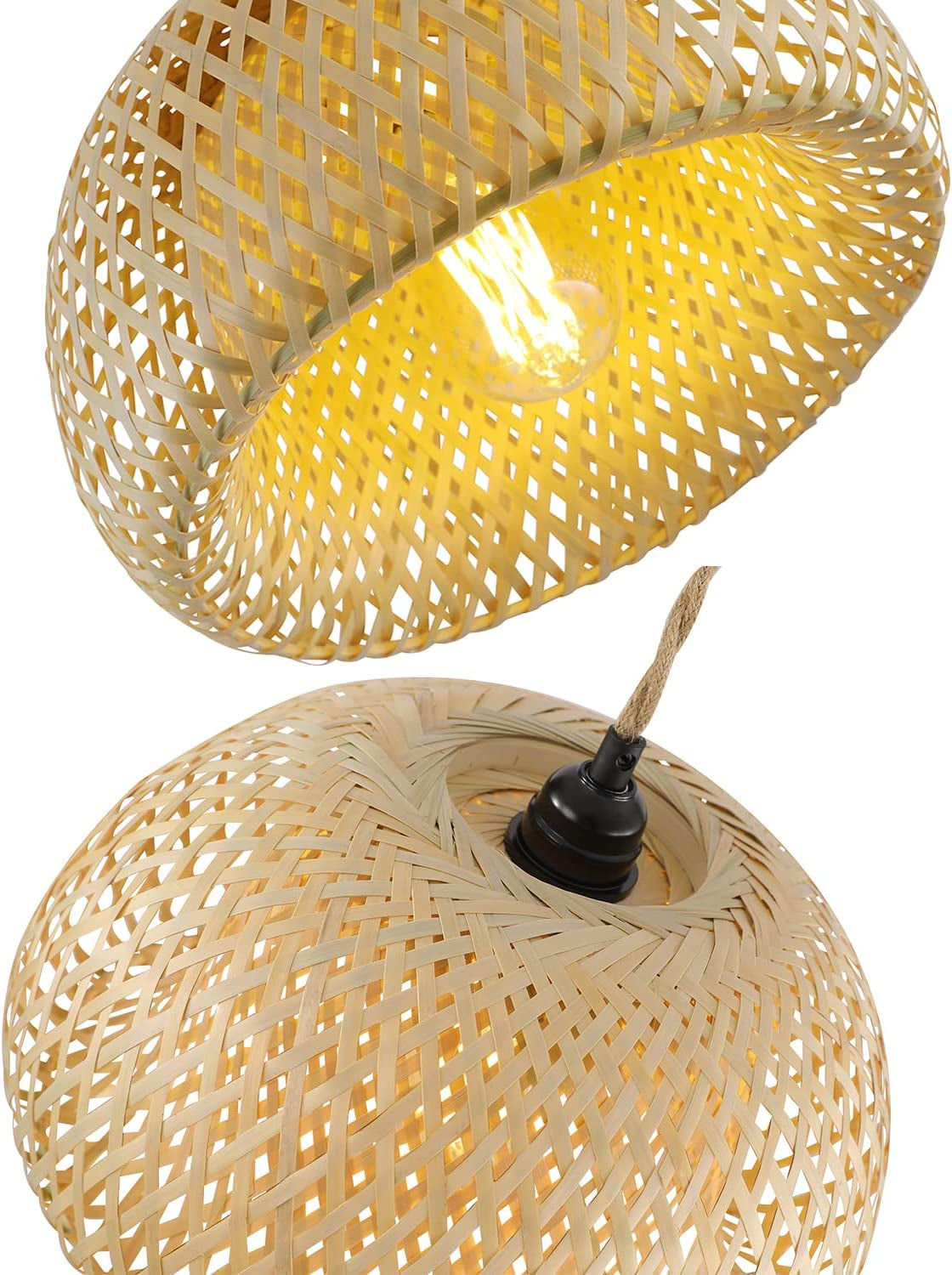 Plug in Pendant Light Rattan Hanging Lamp with Dimmable Switch 14Feet Hemp Rope Cord Bamboo Lampshade Rattan Hanging Lights Fixture with Plug in Cord