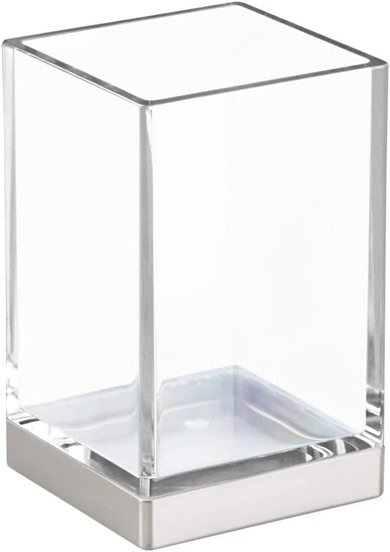 Mdesign Plastic Bathroom Vanity Counter Organizers, Dispenser Pump, Toothbrush Stand, Storage Jar, Soap Dish, for Cotton Swabs, Toothpaste, Makeup, Lumiere Collection, Clear/Brushed Chrome