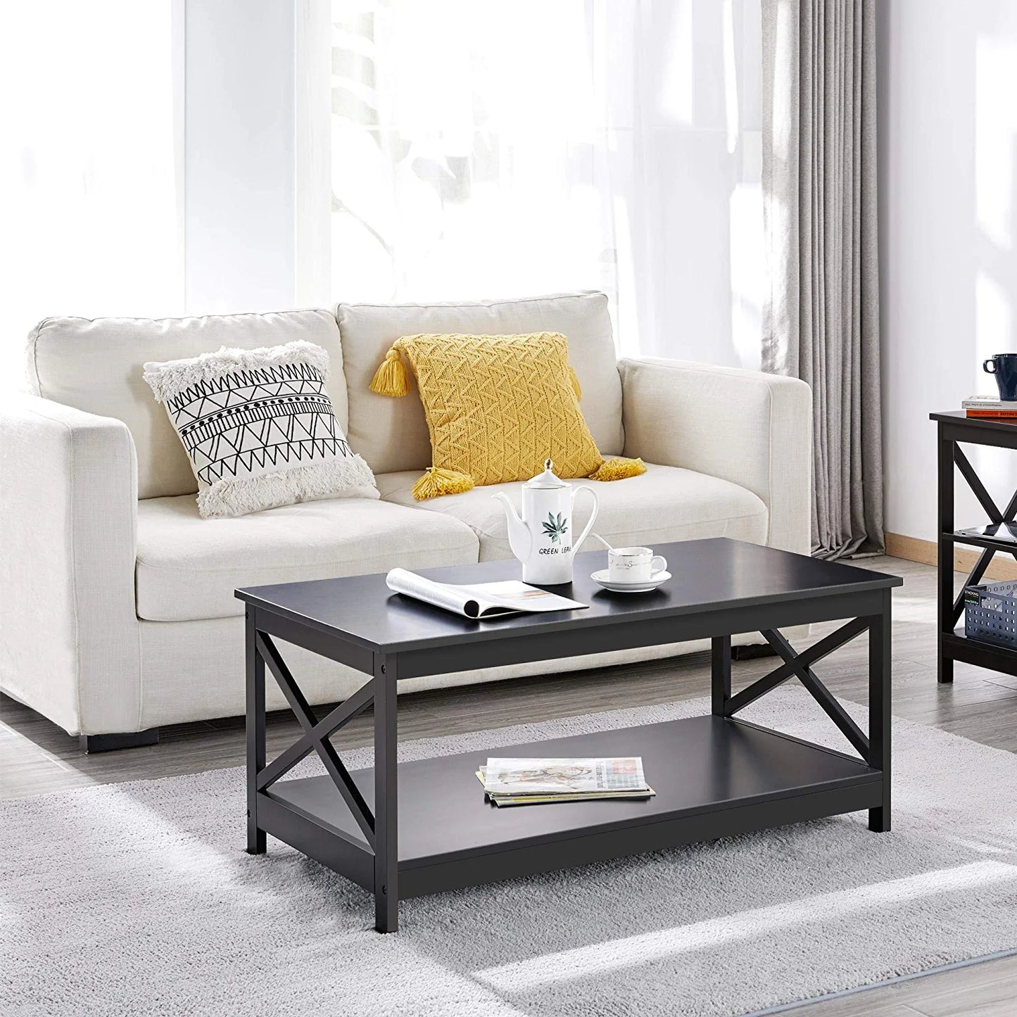 Wood 2-Tier Black Coffee Table with Storage Shelf for Living Room, X Design Accent Cocktail Table, Easy Assembly Home Furniture, 39.5 X 21.5 X 18 Inches